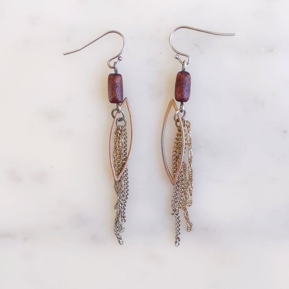 Gold Tone Chain Tassel and Leaf Shape with Wooden Bead Earrings.